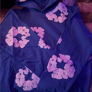 Blue Hoodie with Pink Floral Prints - Lightweight Shirt Jacket